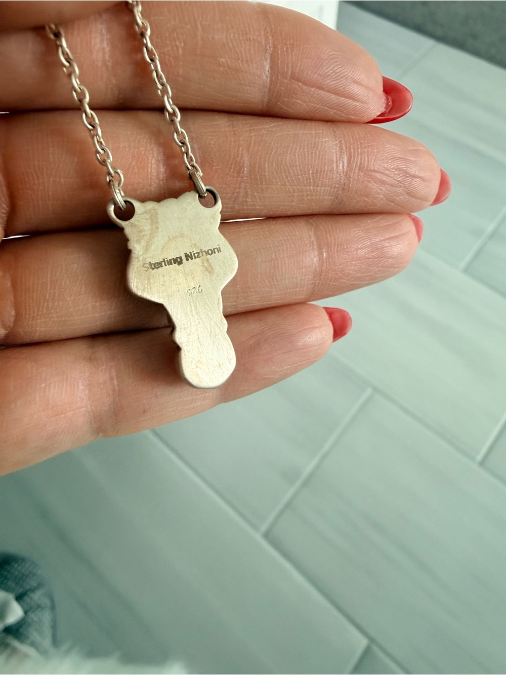 Nizhoni Traders Kingman Turquoise and Wild Horse Necklace in Sterling Silver - Picture 3 of 6